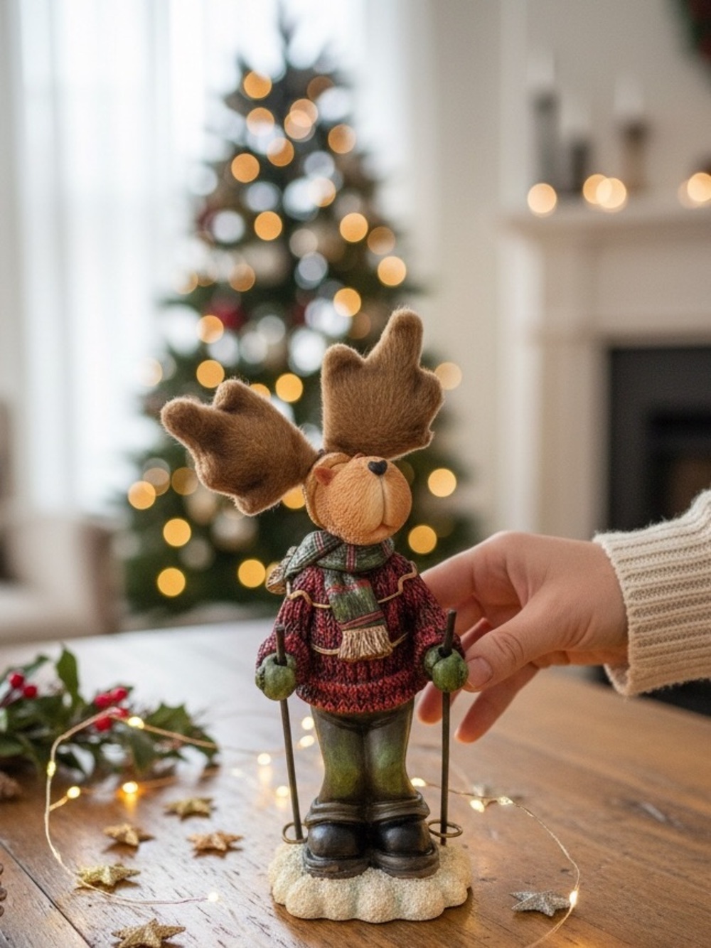 RARE Greenbrier Charming Holiday Skiing Moose with Red/Green Outfit Resin EUC
